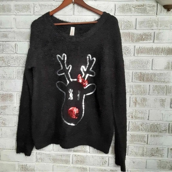 No Boundaries Sweaters - No Boundaries Black Sweater with Red Reindeer Design